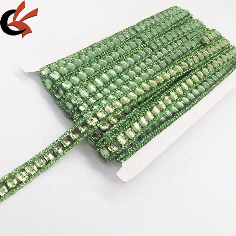 Hotfix Resin Rhinestones Chain Trim Crystal Fabric Green Stone Simple Design Hot Fix Rhinestone Ribbon Tape