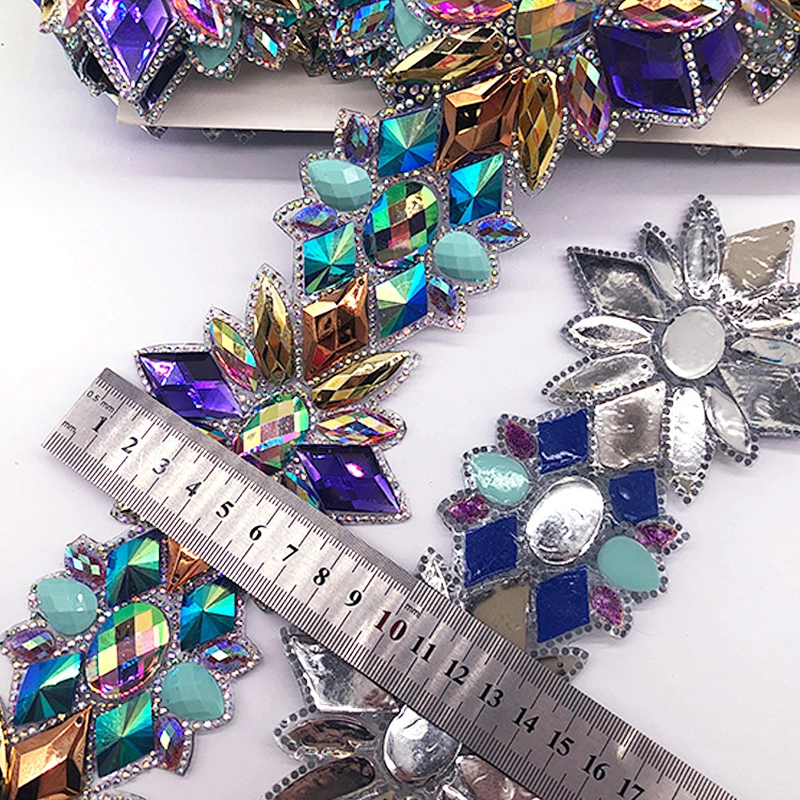 Iron on Colorful AB Rhinestone Trim Chain Strass Banding Resin Applique for Clothes Crafts