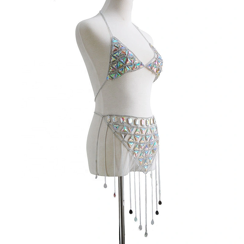 Sexy Luxury AB Gemstone Bikini Skirt Top Bra Chain Body Jewelry Body Chain Dress For Women Girls