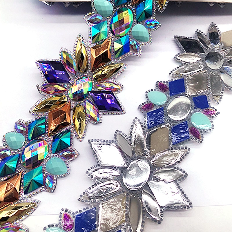 Iron on Colorful AB Rhinestone Trim Chain Strass Banding Resin Applique for Clothes Crafts
