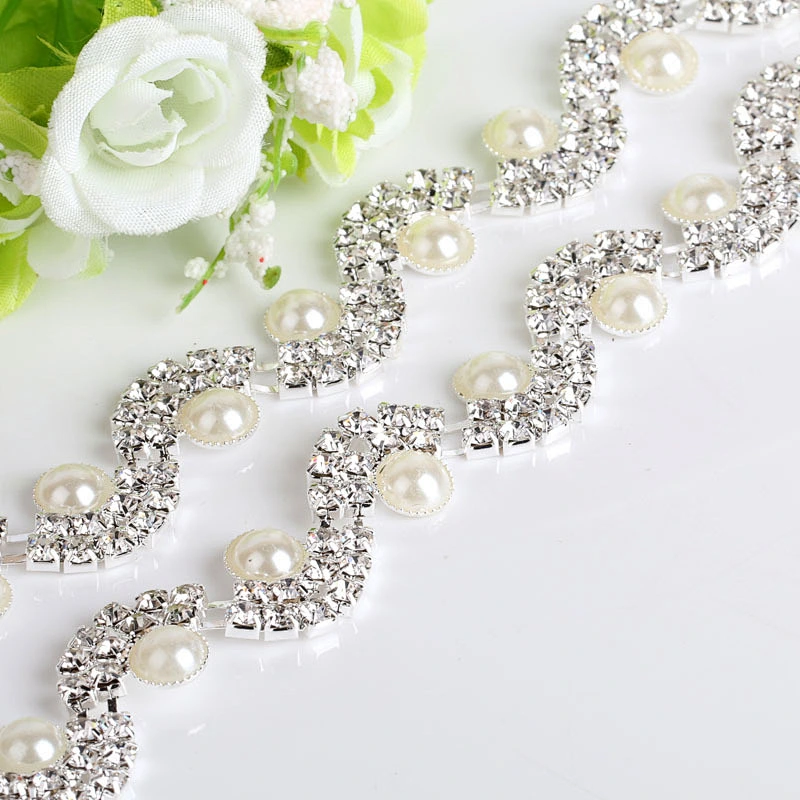 hot sell crystal pearl rhinestone metal chain trim for bridal dress decoration