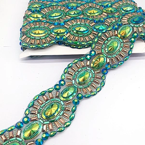 Sewn or Hot Fix Sparkle green AB Crystal Diamond trim for Prom Dresses Belt Applique