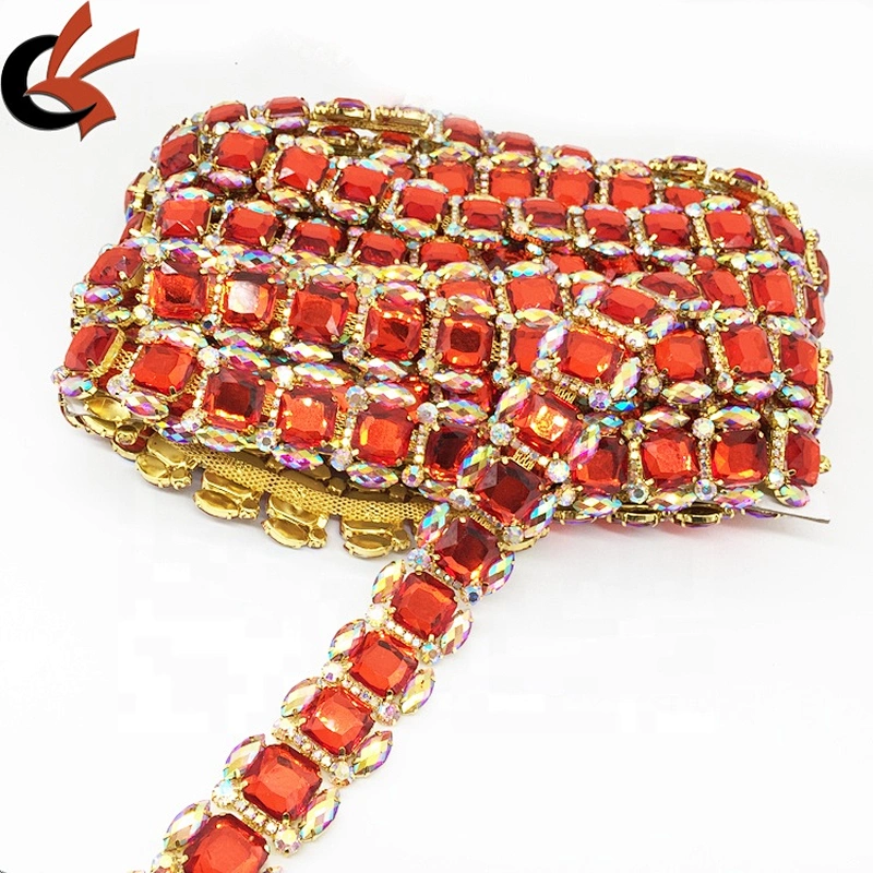 Wholesale Square Shape Custom Rhinestone Trim With Metal Settings Shirt Neckline Gemstone Chains