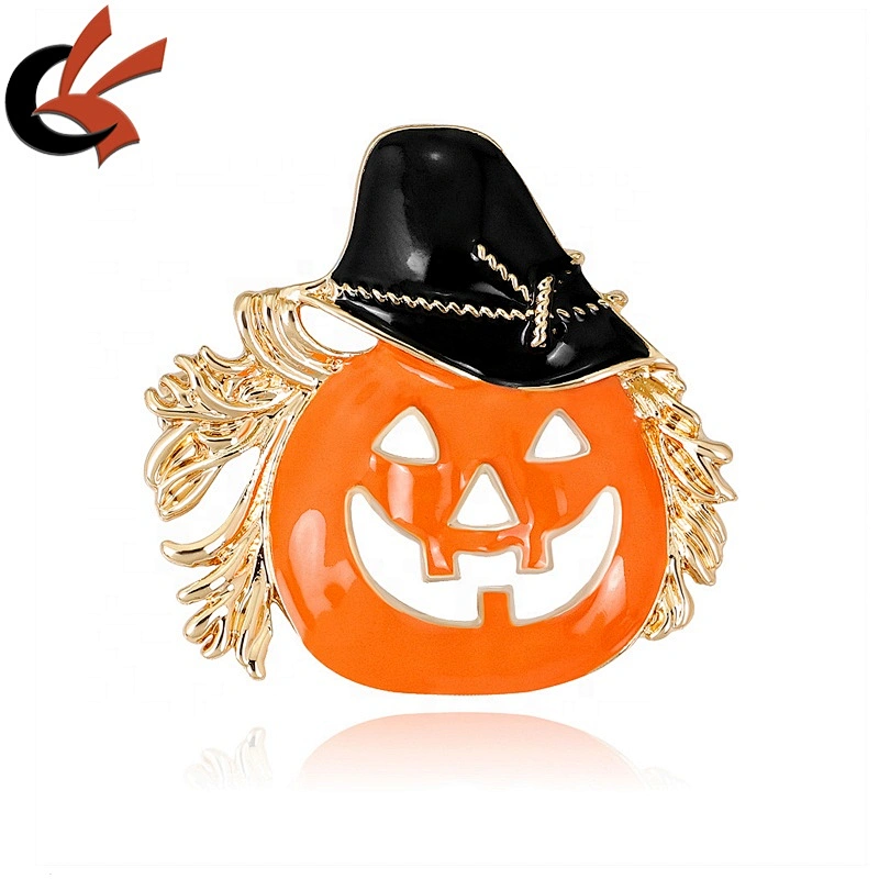 Wholesale Halloween Festival Pumpkin Face with hat Enamel Brooch Pin Crystal Ghost Brooch