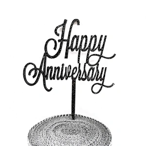 Happy Anniversary Topper Glitter Gold Black Acrylic Cake Topper for Wedding Anniversary Cake Accessories