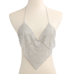 Stock Rhinestone Decoration Plain Flash Luxury Women Nightclub Diamond Low-cut Halter Top Body Chain