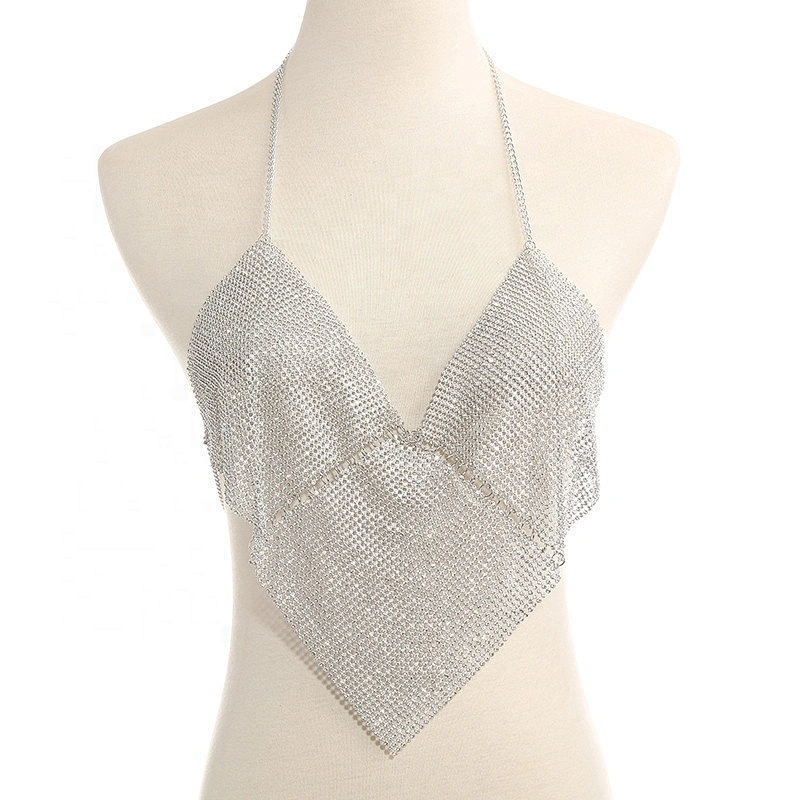 Stock Rhinestone Decoration Plain Flash Luxury Women Nightclub Diamond Low-cut Halter Top Body Chain