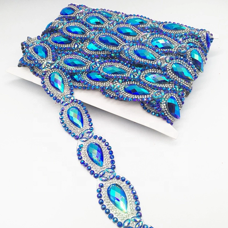 Custom New Arrival Item Crystal Sapphire Resin AB Material Hot Fix Rhinestone Motif Trimmings