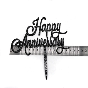 Happy Anniversary Topper Glitter Gold Black Acrylic Cake Topper for Wedding Anniversary Cake Accessories