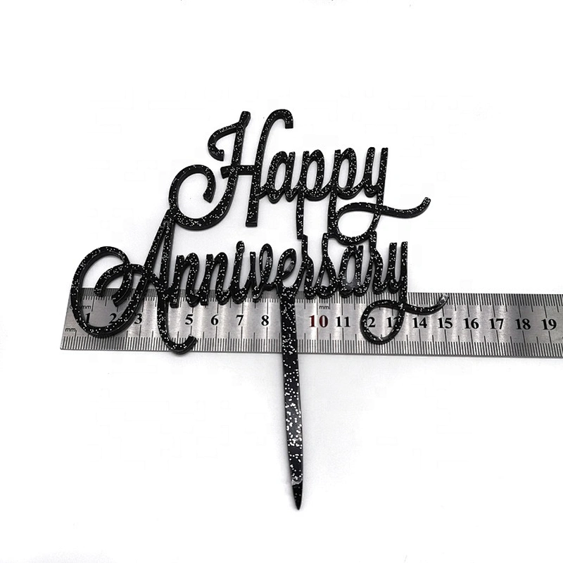 Happy Anniversary Topper Glitter Gold Black Acrylic Cake Topper for Wedding Anniversary Cake Accessories