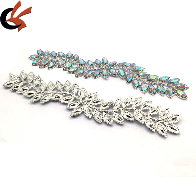 Fashion luxury rhinestone diamond ab leaf trim sew on crystal flower applique for garment bikini