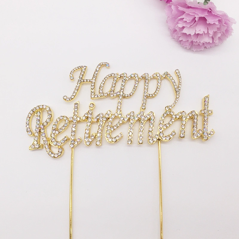 2018 new party products gold/siver rhinestone happy retirement cake topper for copmany employee celebration