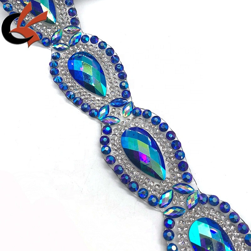 Carnival dress decoration blue AB teardrop shape iron on fancy rhinestone trims