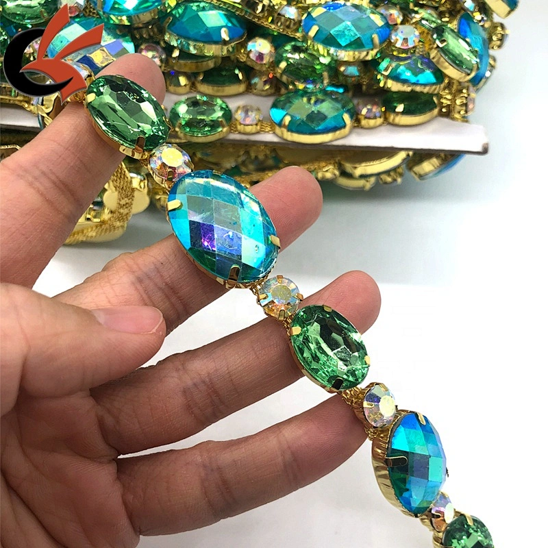 Factory Customized Green AB crystals oval shape rhinestone chain trimming for carnival dress decoration