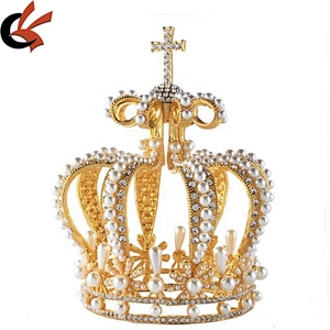 New alloy rhinestone big baroque retro headdress birthday party queen wedding cross pearl bead crowns