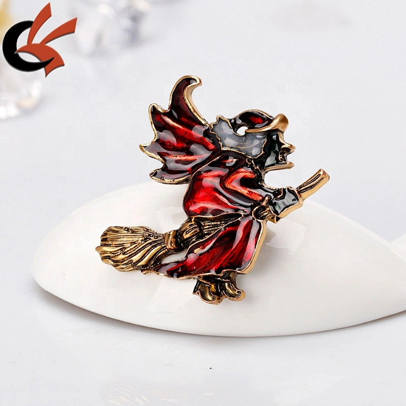 Factory customized Halloween party gift old gold plating red witch enamel brooch pin