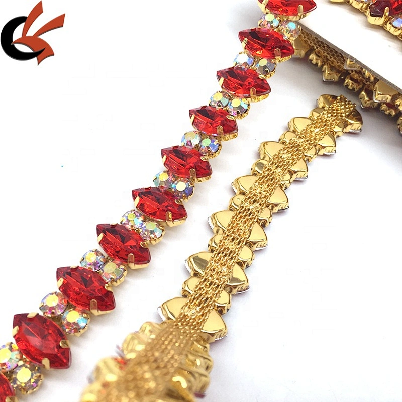 Sewing Red Marquise Beaded Crystal Rhinestone Wedding Crystal Trim Appliques Lace Trims
