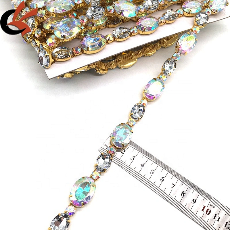 Shiny Oval Shape AB Crystal Acrylic Rhinestones Chain Trimming For Garment Making