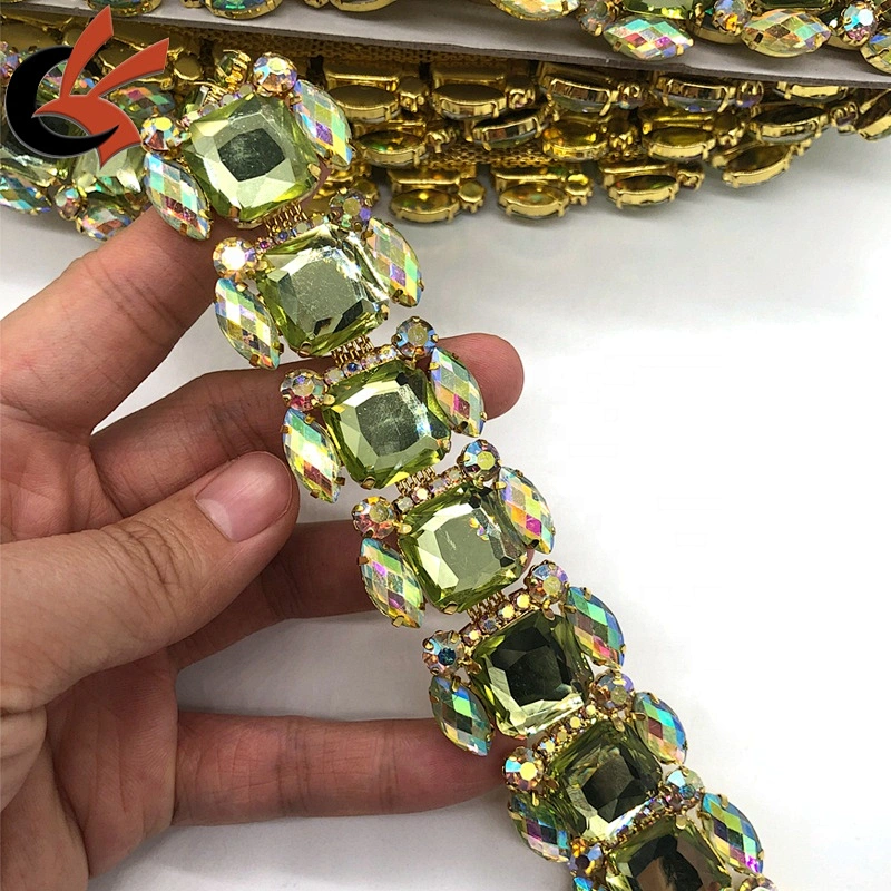 Diy applique square colorful resin rhinestone close gold claw chain trimming