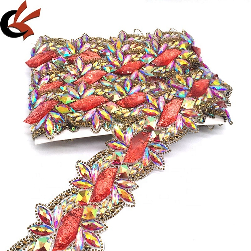 Red hot fix large width crystal beaded resin applique rhinestone chain crystal trim for clothing