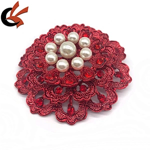 New Siam red metal base with red crystal large pearl rhinestone brooches