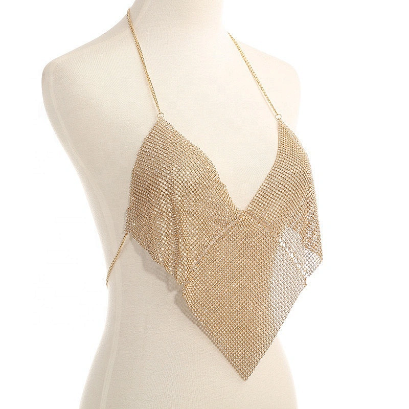 Stock Rhinestone Decoration Plain Flash Luxury Women Nightclub Diamond Low-cut Halter Top Body Chain