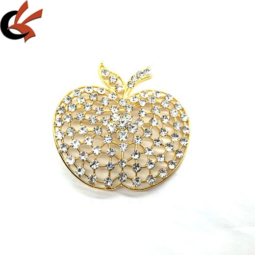 Hot Sale Gold Shiny Diamond Rhinestone Big Apple Shaped Brooch Button For Garment Accessories