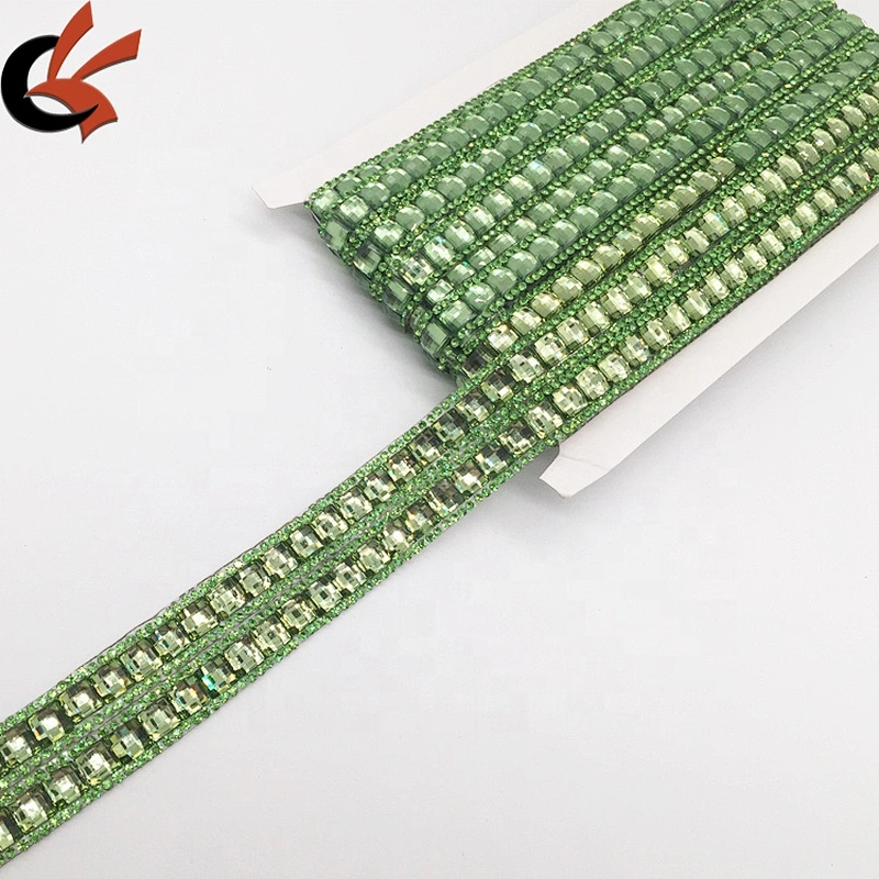 Hotfix Resin Rhinestones Chain Trim Crystal Fabric Green Stone Simple Design Hot Fix Rhinestone Ribbon Tape