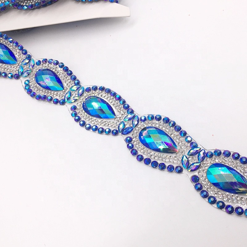 Custom New Arrival Item Crystal Sapphire Resin AB Material Hot Fix Rhinestone Motif Trimmings