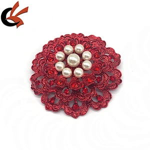 New Siam red metal base with red crystal large pearl rhinestone brooches