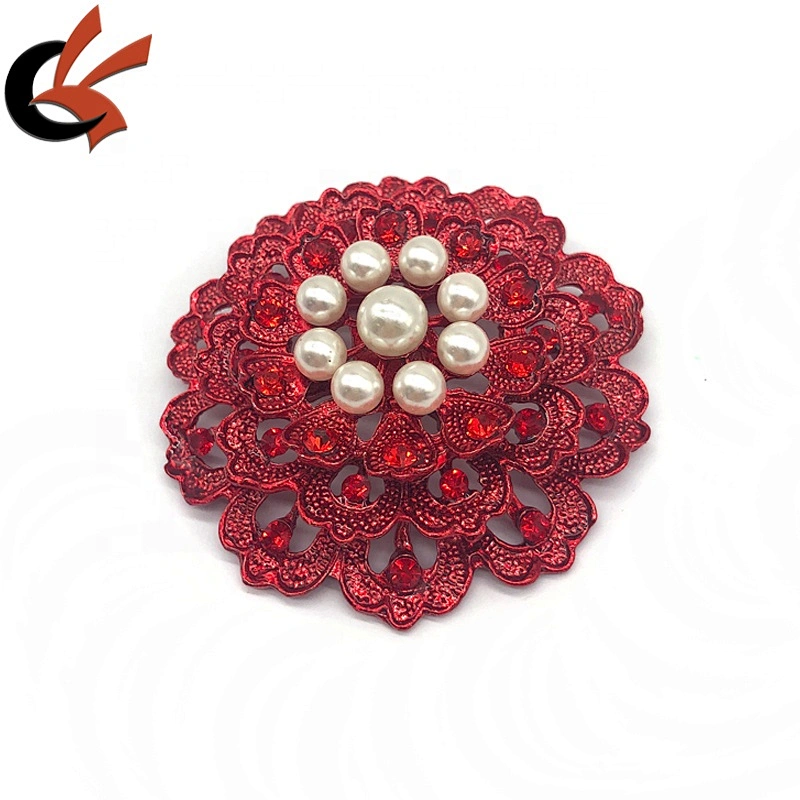 New Siam red metal base with red crystal large pearl rhinestone brooches