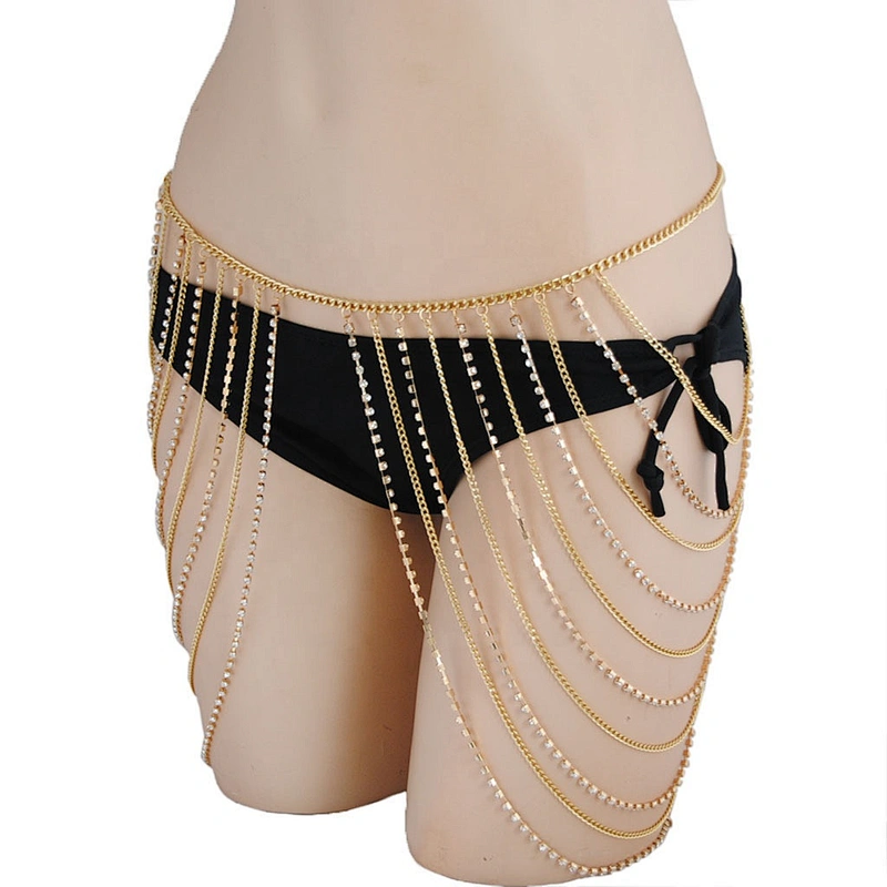 Jewelry eye-catching style gold and silver rhinestone strass sexy belly ring multi layer hip body chain