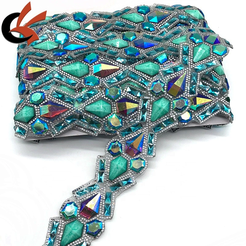 Wholesale Hot Fix Rhinestones Trimming Turquoise Resin Hotfix Crystal Banding Applique for Dress