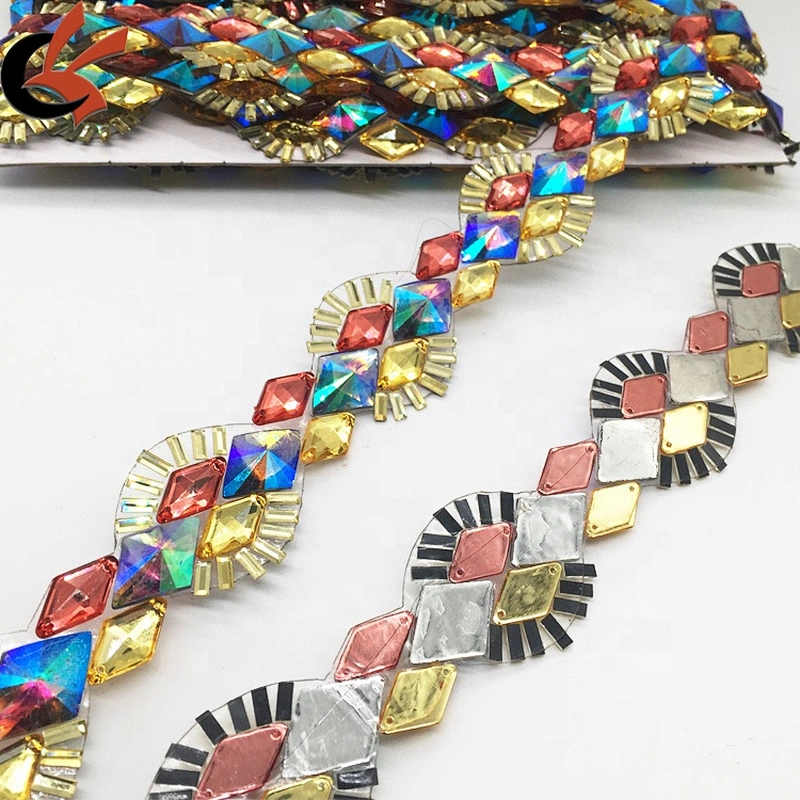 Hot Sale Women Dancing Dress Decoration Colorful Gemstone Flashing Hot Fix Rhinestone Motif Trimming Chain
