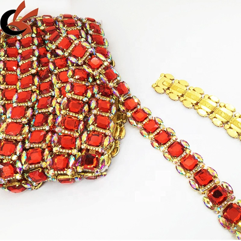 Crystal Rhinestone Gold Setting Red Beads Bridal Trim Square Stones Rhinestone Chain Trims