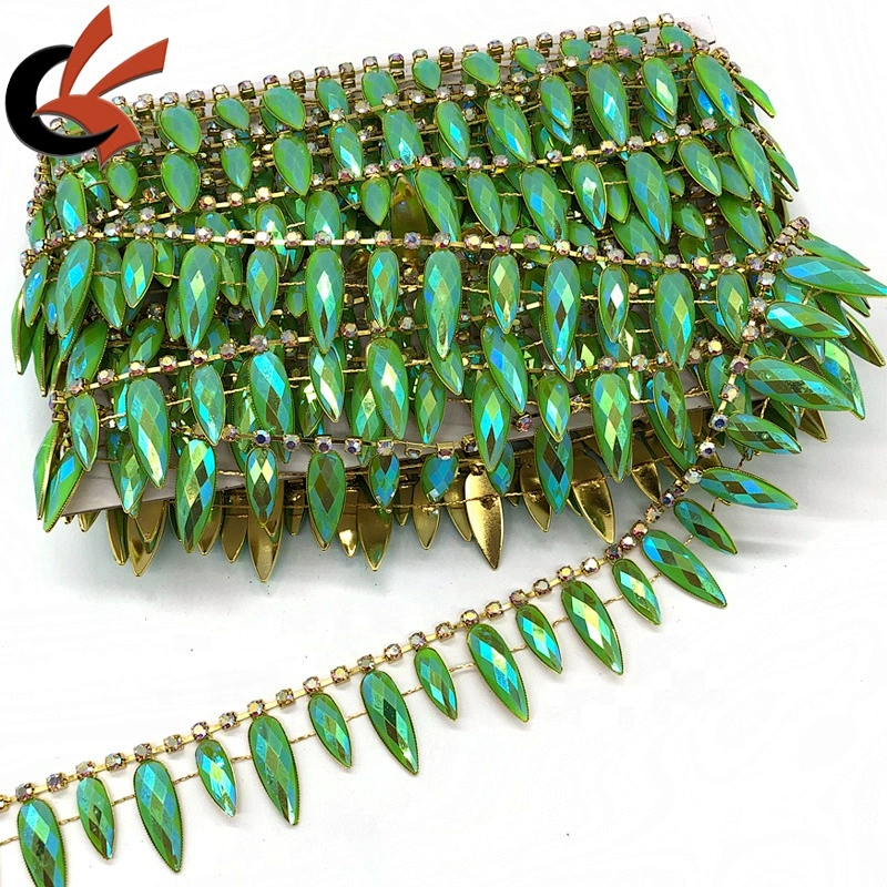Fashion Neon green drops with AB coating resin rhinestone tassel chain trimming