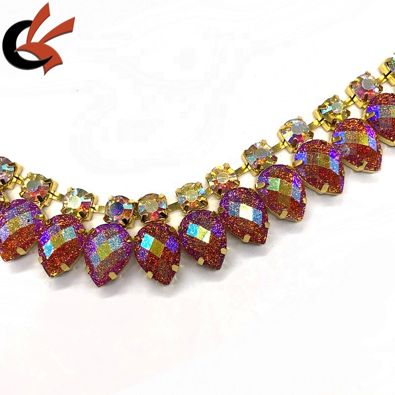 Glitter orange AB resin rhinestone beaded chain trimming