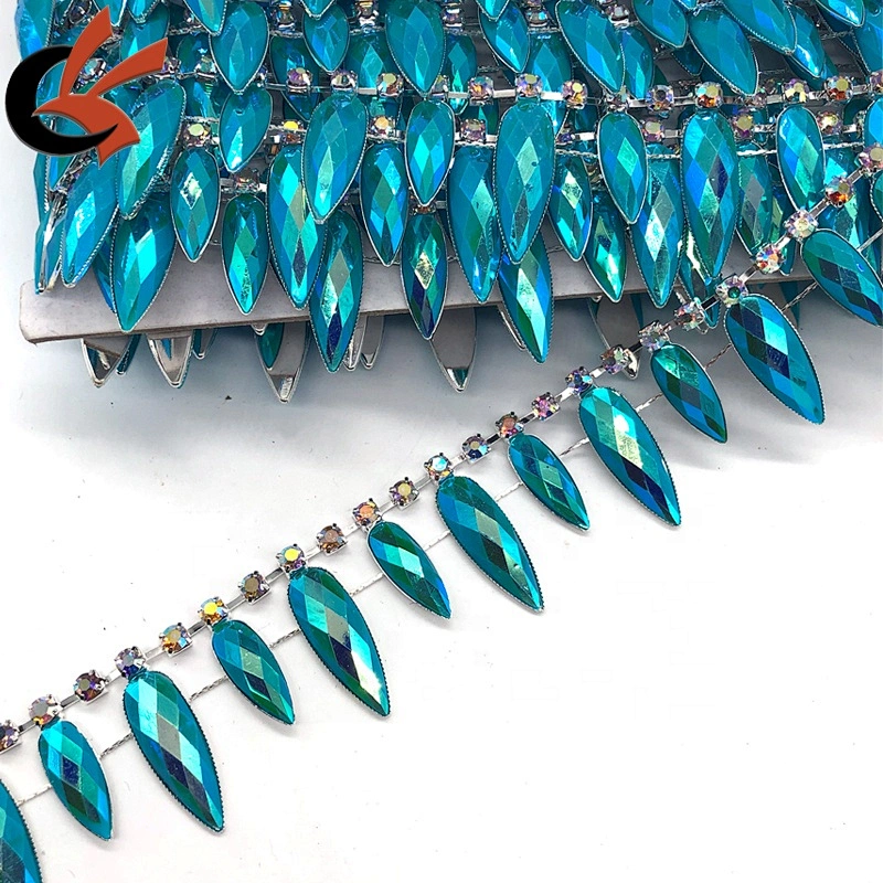 Hot sale costume decoration Turquoise blue AB coating resin rhinestone tassel chain trimming