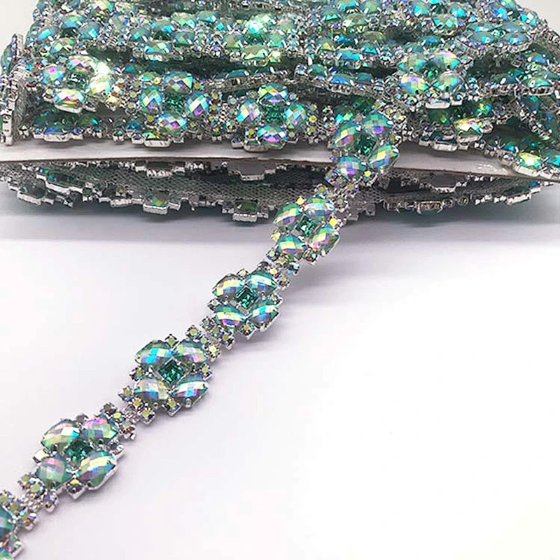 Costume Applique resin AB stone Rhinestone silver Chain Sew On Rhinestone trim for Wedding Cake Decoration