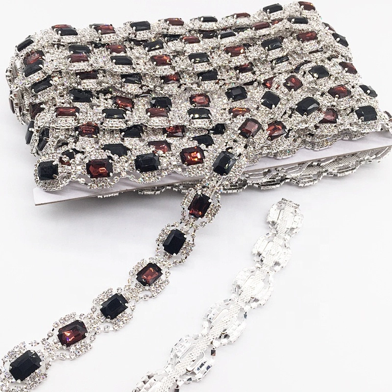 hot selling diamante silver setting colorful glass chain rhinestone trims for garment