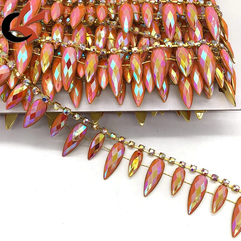 Wholesale sparkling orange AB coating resin rhinestone fringe trimming