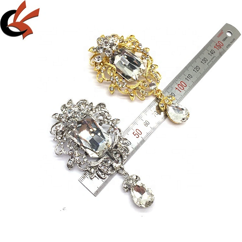 Fancy vintage metal flower hanging brooch crystals muslim women hijab brooch pin