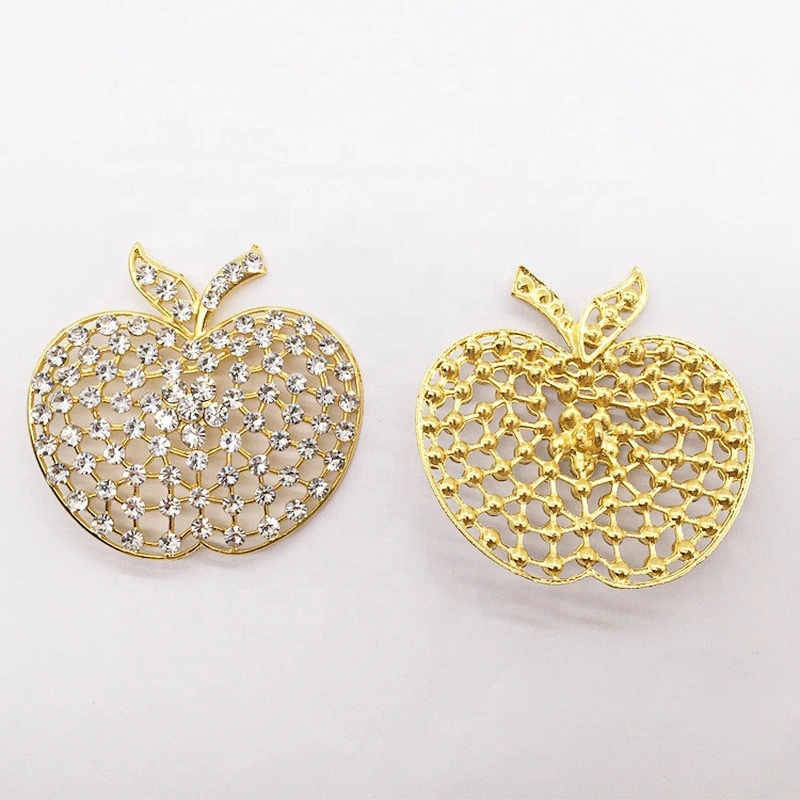 Hot Sale Gold Shiny Diamond Rhinestone Big Apple Shaped Brooch Button For Garment Accessories