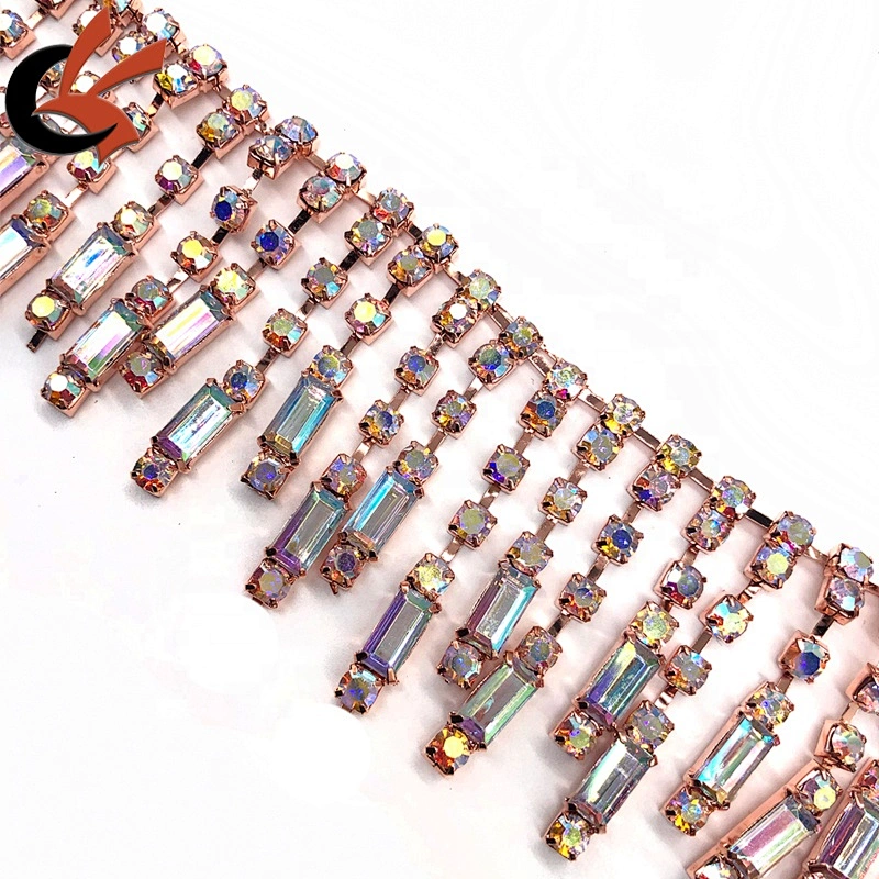 Rose gold base Clear AB crystal rhinestone tassel chain trimming