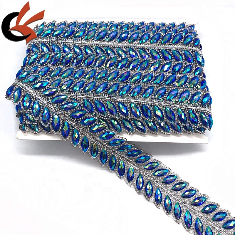 Carnival Embellishment blue AB leaf shapes hot fix rhinestone motif trim