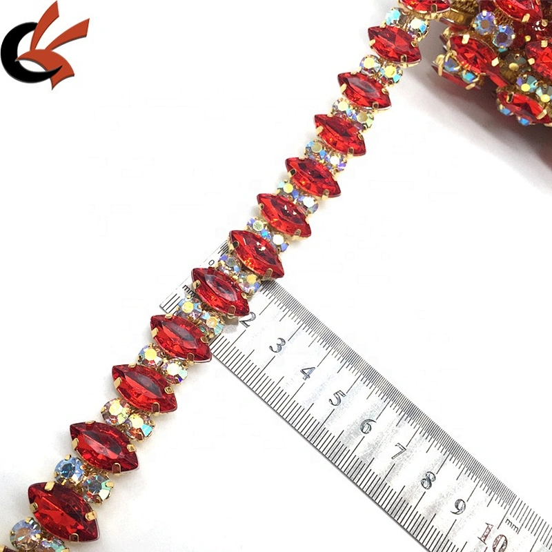 Sewing Red Marquise Beaded Crystal Rhinestone Wedding Crystal Trim Appliques Lace Trims