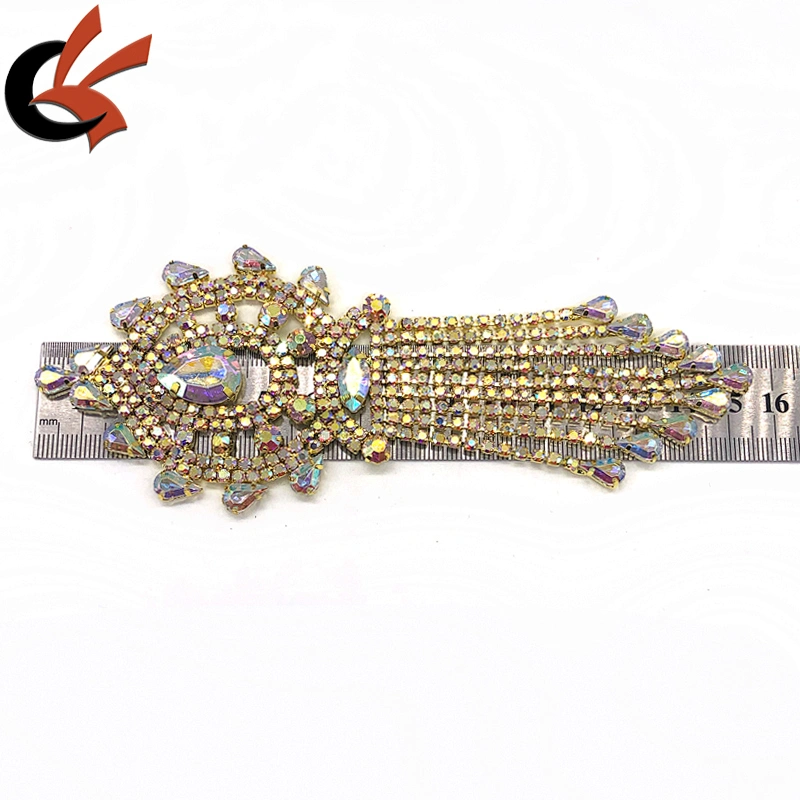 Newest gold base AB clear crystal rhinestone tassel appliques sew on garment Jewelry accessories