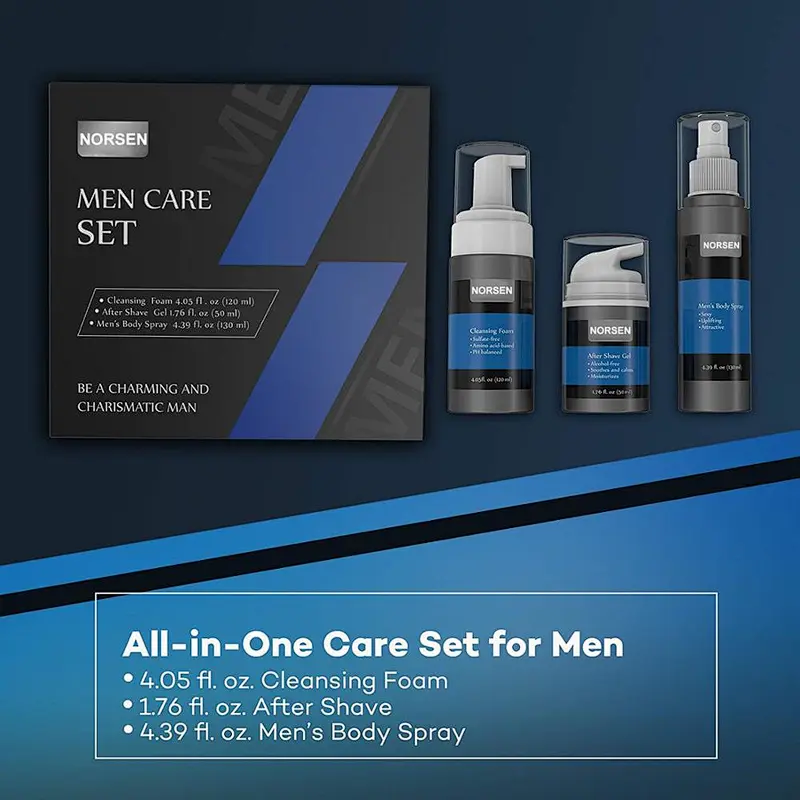 Wholesale cheap good quality man skin care set include cleansing foam men's body spray