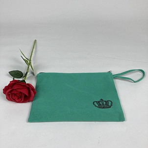 Custom Makeup Velvet Zipper Flap Bag With Logo Small Fabric Cosmetics Bag Velvet Customizable Emerald Green Velvet Makeup Bag