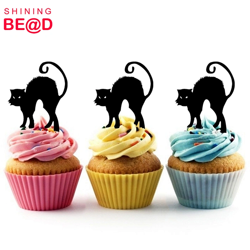 2018 New Black Cat Halloween Party Acrylic Cupcake Picks Topper For Halloween cake decoration